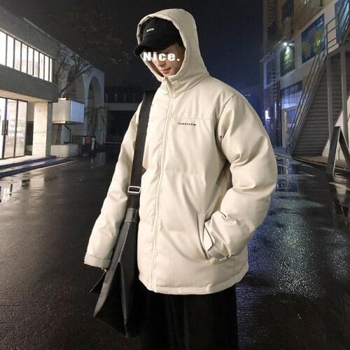 Winter PU leather boys bread cotton-padded clothes men loose hooded printing couples taking MY coat boom