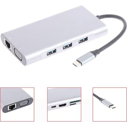 1PCS USB 10 in 1 Thunderbolt Type C Adapter Dock 3 USB 3.0 Port 4K UHD Gigabit Ethernet