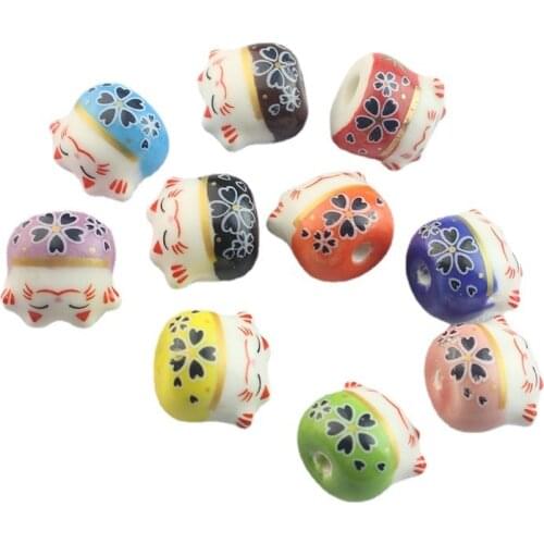 10pcs Mix Color Hand Painted Fortune Cat Ceramic Beads Loose Spacer Vertical Hole Lucky Cat Ceramics Bead For Jewelry Making DIY