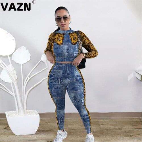 VAZN 2021 Top Quality High Street High Waist Fancy Young Sexy Soft Elastic Full Sleeve Top Long Pants Skinny Women 2 Piece Set