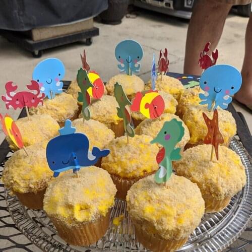 24pcs Sea World Ocean Animal Cupcake Toppers Starfish Octopus Fish Cake Flags Baby Shower Kids Mermaid Birthday Party Cake decor