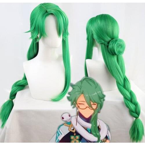 Game NPC Atractylodes Cosplay Accessories Genshin Impact Bai Zhu Green Wig Anime Project Halloween Props 90CM Braid Headwear