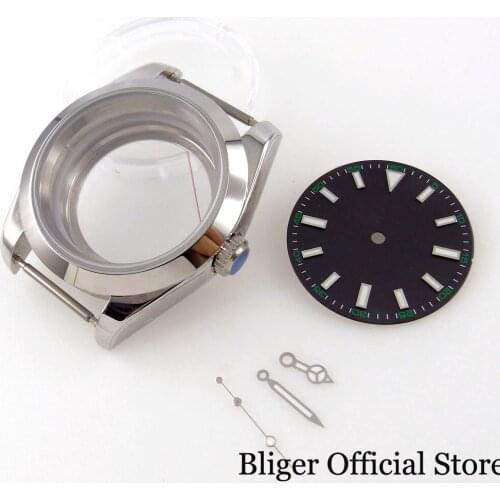 BLIGER Steel Automatic 39mm Polished Men Watch Case fit NH35A NH36A MIYOTA 8215 Seeing Glass Back Luminous Marks Dial Hand Set