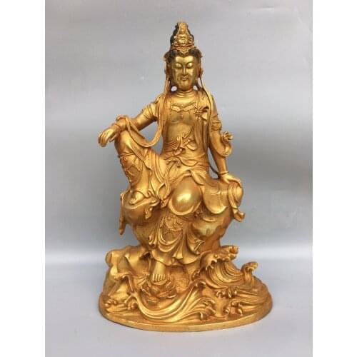 18"Chinese temple collection Old Bronze Gilt Free Avalokitesvara Guanyin Bodhisattva Sitting Buddha Ornaments Town House