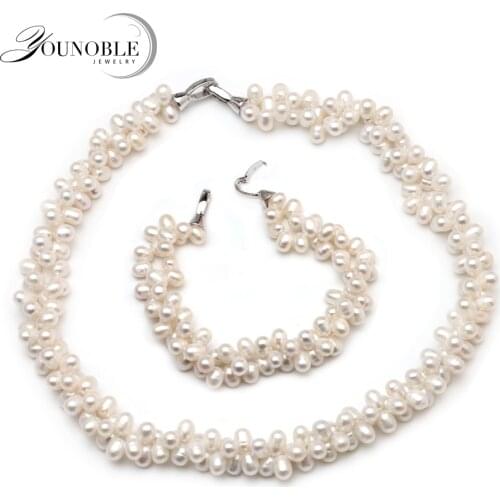 Real Natural Freshwater Multi Layer Necklace Bracelet Set For Women,white Wedding Double Necklace Pearl Sets Gift