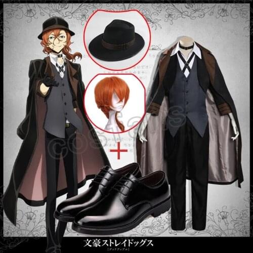 Anime Bungou Stray Dogs cosplay costumes Shoes Nakahara Chuya uniform Costume suit+wigs+Hat Halloween costume for WOMEN MEN