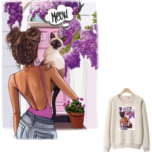 Beautiful Girl Purple Patches For Clothes DIY Washable T-Shirt Heat Transfer Thermal Stickers Cute Little Cat Iron On Appliqued