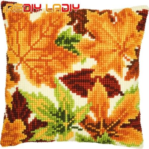Cross Stitch Cushion Cover Autumn Leaves 2 Pillow Case Pre-Printed Canvas Acrylic Thick Yarn Arts Cross-stitch Needlepoint Kits