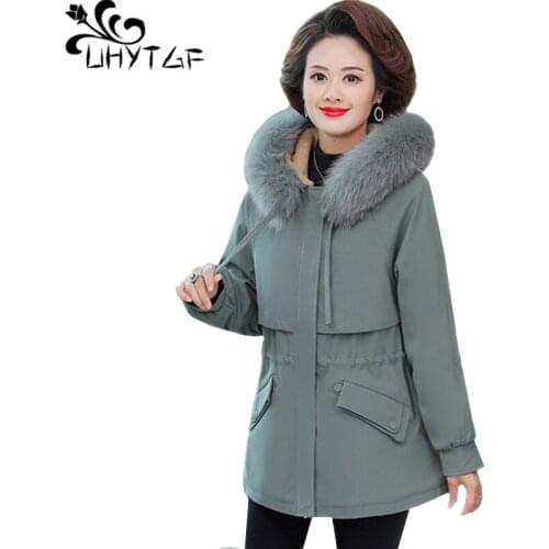 UHYTGF Oversized jacket Women Fashion Hooded Plus velvet Warm Winter Cotton Coat Thicken Down jacket Parke Female Outerwear 1813