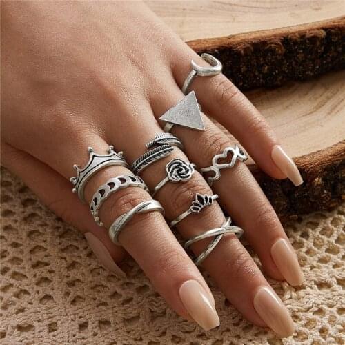 WUKALO Punk Vintage Silver Color Ring for Woman Retro Crown geometric triangle moon cross ring leaf flower Ring Set