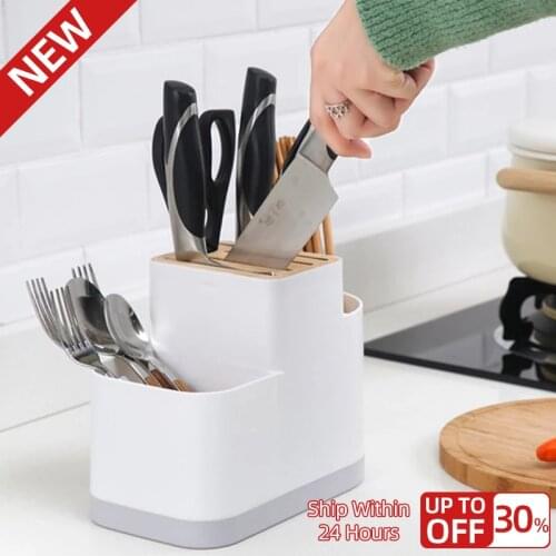 Multi-Purpose Knife Holder Storage Bucket Kitchen Knives Bamboo Cover Tableware Storage Knife Organizer Kitchen Storage Tools