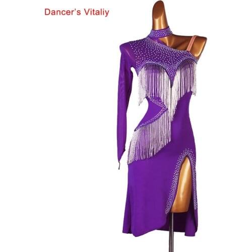 Latin Dance Dress Split Long Skirt Diamond-Studded Performance Clothes Profession Custom Female Child Adult Competition Clothing