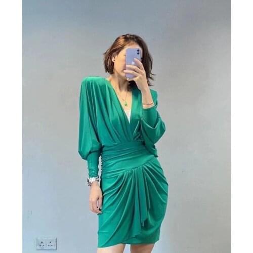 Summer Sexy 2021SS New Women Long Sleeve V Neck Slim Shoulder Padded Dress 4 Color For Ladies Ddxgz2 5.19