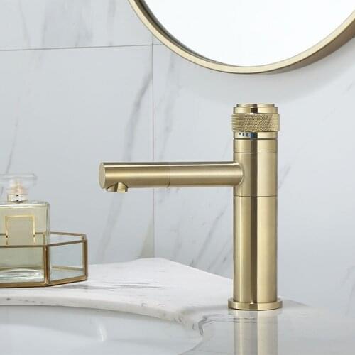 Bathroom Faucet Push Button Faucet Brushed Gold Basin Faucet Cold &Hot Water Mixer Sink Faucet Tap Brass Deck Mounted