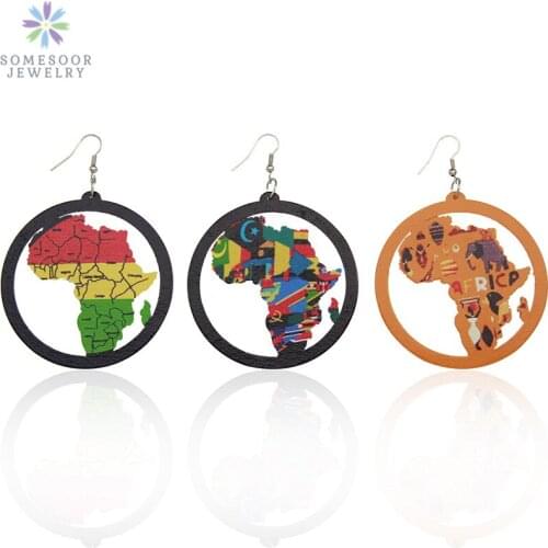 SOMESOOR United Colors Of African Map Women Wood Drop Earrings Jewelry Afrocentric Ethnic Tribal Countries Pattern For Blacks