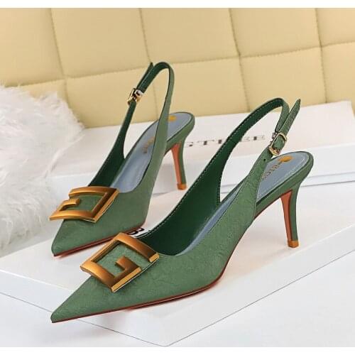 8999-5 Banquet Womens Shoes Stiletto High Heels Shallow Mouth Pointed Toe Hollow Back Strap Metal Square Buckle Single Shoes