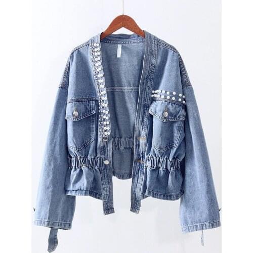 2020 Jacket Denim Fashion Loose Real Shot For Women Diamond Draw Back Free Shipping