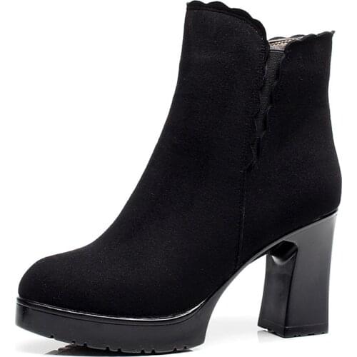 Plus Size 33-43 Block Heel Platform Boots Ladies Shoes Fall Winter 2021 High Heels Boots Women Plush Short Ankle Boots