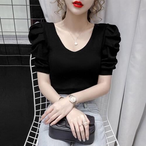 Woman TShirts Summer Shirt Short-Sleeved T-shirt Womens V-neck Puff Sleeve Top Crop Top Mujer Camisetas