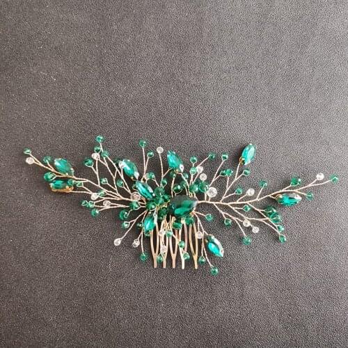 Floralbride Handmade Golden Green Color Rhinestones Crystals Bridal Hair Comb Wedding Headpieces Women Jewelry Hair Accessories