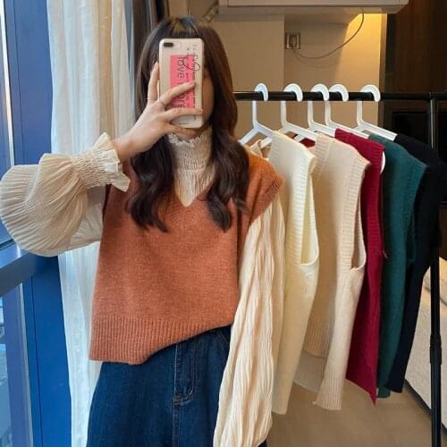 Womens sweater vest Simple All-match Korean fashion V-neck Knitted Sweater Student Sleeveless Female Vintage Pullovers Vest Top