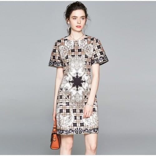 BLLOCUE 2020 Summer Fashion Runway Dress Womens Short Sleeve Round Collar Vintage Baroque Pattern Print Office Dress Vestidos