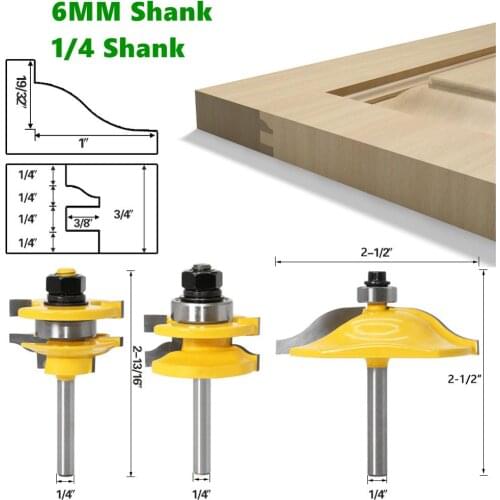 3pcs 1/4" 6mm Rail and Stile Router Bit Set Door Window Woodworking Knife Tenon Cutter for Wood Milling Machine Tools