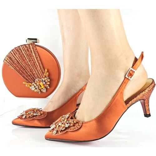 2021 African Hot Selling Fashion Butterfly-Kont Style Crystal Decoration Party Wedding Women Shoes and Bag Set in Orange Color