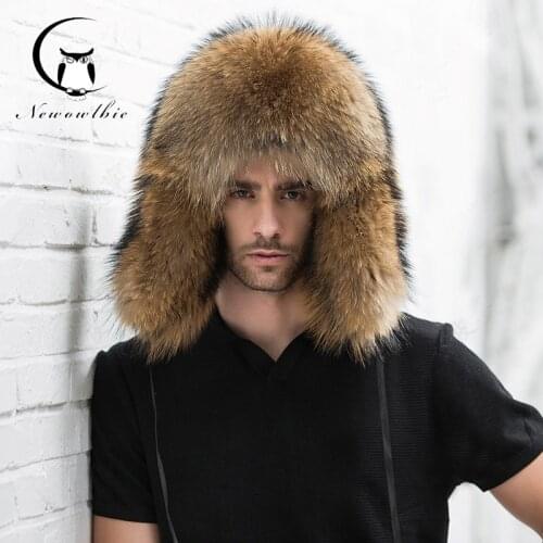 2021 Natural Color Fur Hat Siberian Style Fur Hat Raccoon Full Ushanka Hat for middle-aged cotton cap Lei Feng hat Winter hat