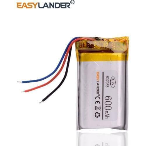3 wires Polymer battery 802035 3.7V 600MAH smart home MP3 speakers Li-ion battery for DVR,GPS,MP3,MP4,cell phone,speaker 082035