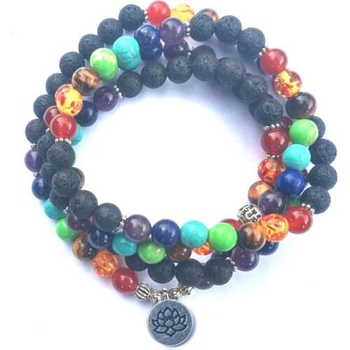 DIEZI Multi Color 7 Chakra 108 Mala Lava Beads Bracelets Yoga Reiki Prayer Lotus Buddha Charm Strand Bracelet For Women Men