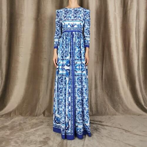 Plus Size Long Dress Autumn High Quality Bohemian New WomenS Fashion Casual Vintage Elegant Blue Print Chiffon Party Dresses