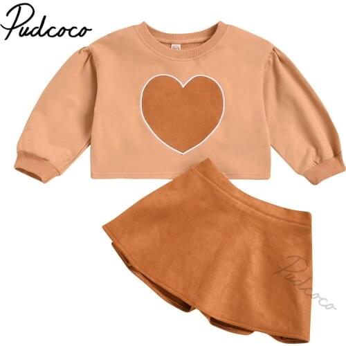 Spring Autumn Infant Kids Girl 2Pcs Valentine Outfit Set Children Love Heart Pullover Suede Elastic Force Skirt Brown 2-7Y