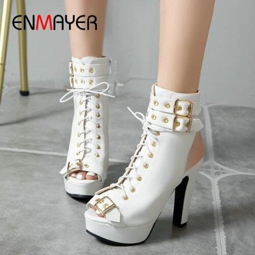 ENMAYER Casual PU Gladiator Lace-Up High Heels Sandals Women Fashion Buckle Square Heel Women Shoes Peep Toe Sandals size 34-43
