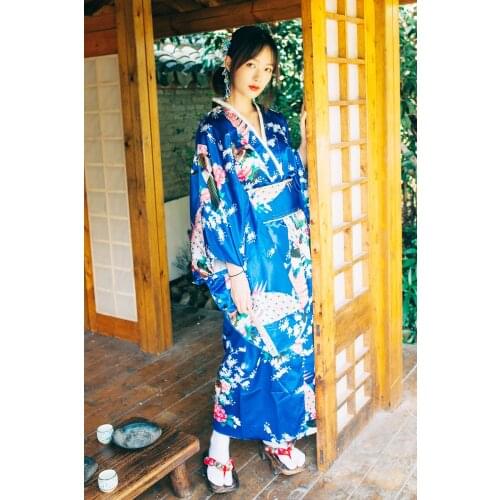 Womens Kimono Robe Traditional Japan Yukata blue Color peacock flowers Prints Summer Dress Performing Wear Cosplay Clothing