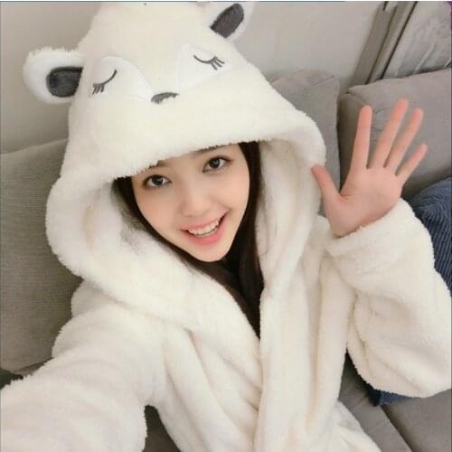 New Women Winter Robe Female Cute Cartoon Fox Rabbit Coral Velvet Bathrobe Girl Lovely Animal Warm Sleepwear Bath Robes