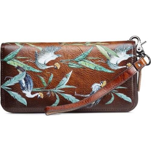Genuine Leather Purse Credit Cards Holder Floral Wrist Bags Printing Clutch Zipper Bag Female Cash Clips Long Wallets Women