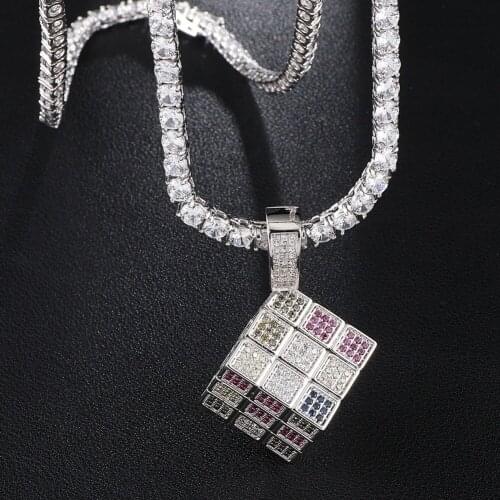 Bling Bling Rubiks Cube Necklace & Pendant Gold Silver Color Cubic Zircon Mens Women Hip Hop Jewelry for Gift