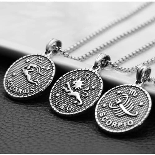 Twelve Horoscope Coin Women Stainless Steel Pendant Necklace Leo Virgo Libra Scorpio Sagittarius Capricorn 12 Constellation Gift