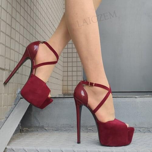 LAIGZEM Women Platform Pumps Patchwork Peep Toe High Heels Sandals Cross Straps Spring Summer Shoes Woman Plus Size 41 44 45 52