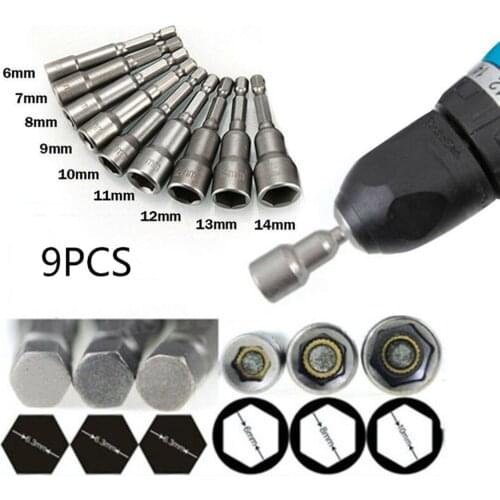 9pcs 1/4" Magnetic Drill Bit Socket Nut Driver Hex Adapter Shank Tools 6-14mm