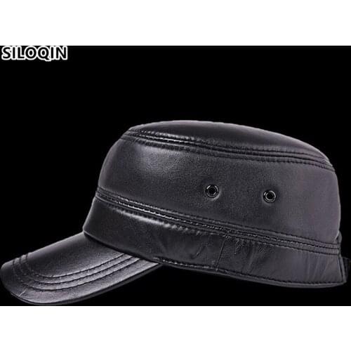 SILOQIN Mens Flat Cap Sheepskin Army Military Hats Genuine Leather Hat Adjustable Size Snapback Brands Caps New Autumn Winter
