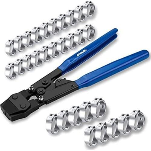 PEX Clamp Tool Clamp Cinch Crimp Tool for Stainless Steel Clamps from 3/8"to 1",8 PCS 1/2" Pex Crimp Rings and 8PCS 3/4"