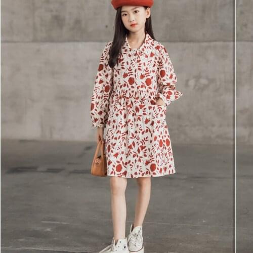 6 To 16 Years New 2021 Girls Autumn Dress Kids Cotton Floral Dress Teenager Children Long Sleeve Clothes Pockets Fashion,#6504
