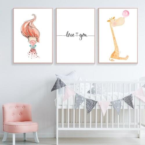Pink Bubblegum Giraffe Baby Nursery Wall Canvas Painting Poster Print Nordic Kids Decorative Picture Children Bedroom Decoration