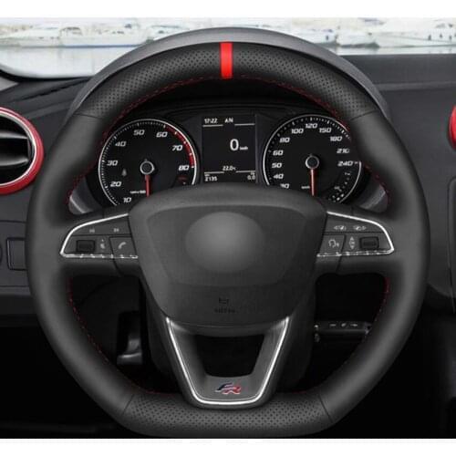 Hand-stitched Black Artificial Leather Car Steering Wheel Cover for Seat Leon (FR|CUPRA) Ibiza (FR|CUPRA) Alhambra (FR Line) Aro