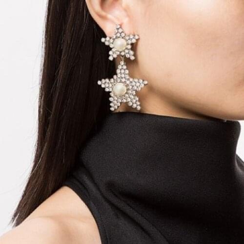 Sexual retro pearl five-pointed star crystal full diamond size temperament all-match earrings