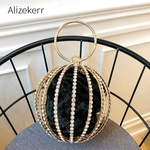 Rhinestone Spherical Cage Evening Clutch Bag Women Hollow Out Bling Alloy Dinner Purse And Handbag Ladies Round Metal Handle New