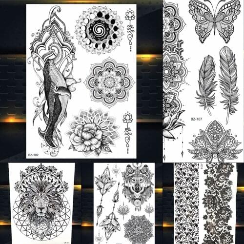 REJASKI Dolphin Butterfly Black Henna Temporary Tattoos For Women Sticker Flower Mehndi Fake Tatoos Sexy Lace Art Custom Tattoo