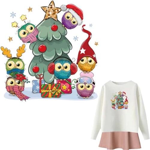 Iron-On Transfers For Clothing Cartoon Owls Trees Heat Transfer T-Shirt Jeans Decoration Diy Thermal Stickers Christmas Gift